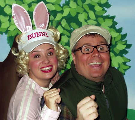 Close up headshots of actors portraying tortoise and the hare.